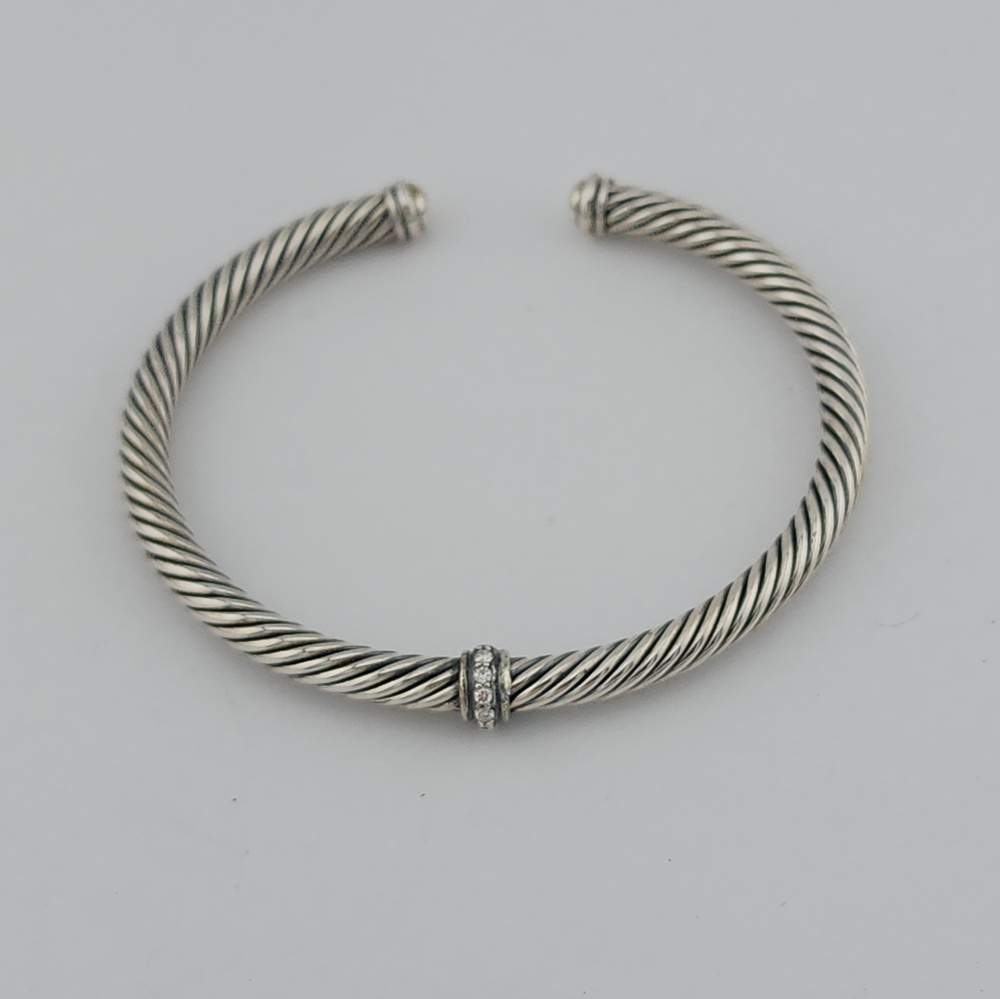David Yurman 4mm Sterling Silver Center Station Cuff Bracelet With Diamonds